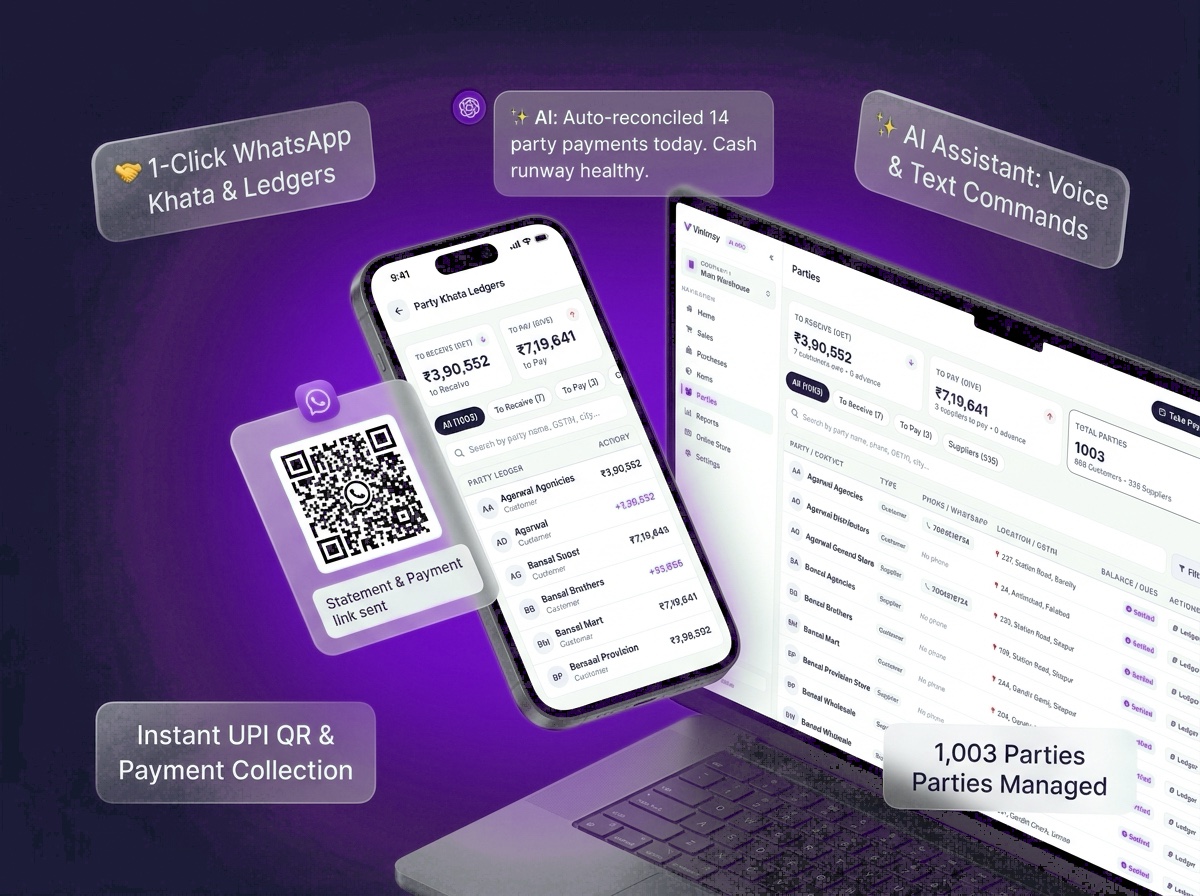 Vinimay digital customer ledger dues, WhatsApp payment reminders, UPI QR collection and AI assistant
