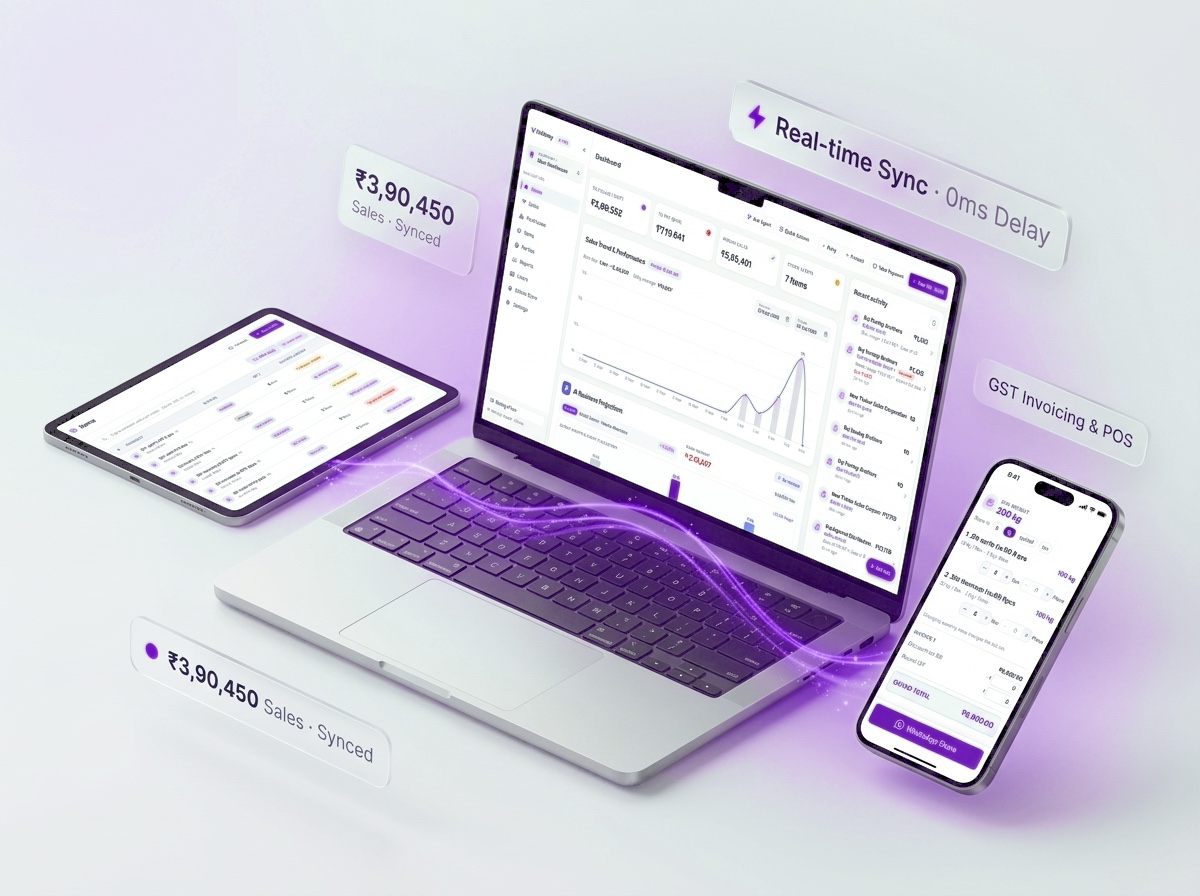 Vinimay multi-device ecosystem running seamlessly on web laptop, mobile POS, and tablet with real-time cloud sync